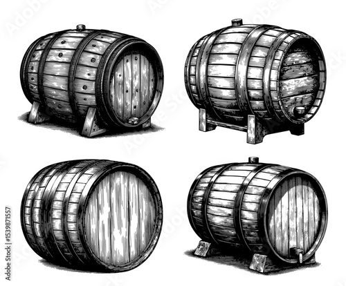 Wooden barrels in a vintage woodcut style in black and white