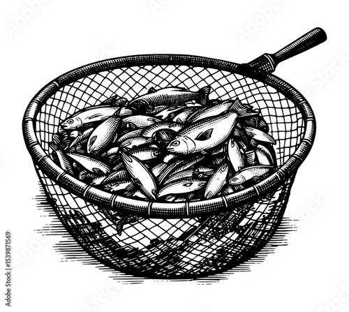 A dip net full of fish in a vintage woodcut style in black and white