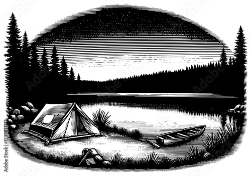Lakeside scene, camping tent, boat. Black and white woodcut style