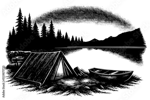 Lakeside Camping with Tent and Boat in Woodcut Style
