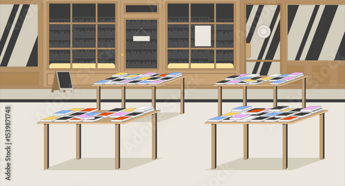 Empty bookstore interior with display tables flat illustration background. Publishing, library. Retail bookshop exterior, bookcrossing books 2D cartoon backdrop. Colorful scene vector art image