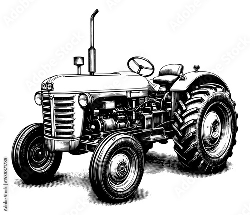 Vintage Tractor in Woodcut Style in Black and White