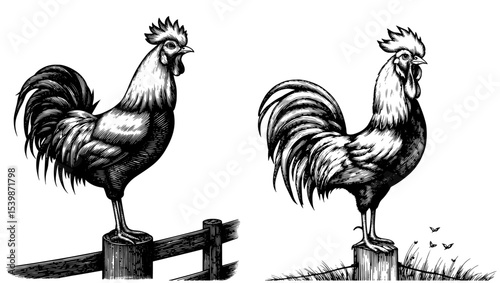Roosters Perched on Fence Posts in Vintage Woodcut Style