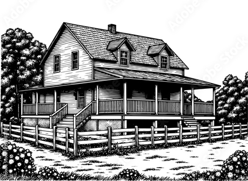 Farmhouse in vintage black and white style, hand drawn