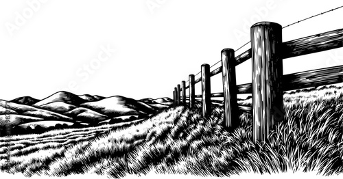 A wooden fence on a grassy hill in a engraved style, in black and white, rural landscape.