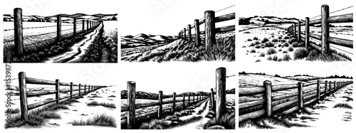 Views of a rural fence in a detailed woodcut style, in black and white,countryside.