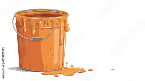 A digital illustration depicting a cylindrical metal paint bucket filled with orange paint.  The paint is overflowing from the bucket, with drips running down the sides and a puddle of paint