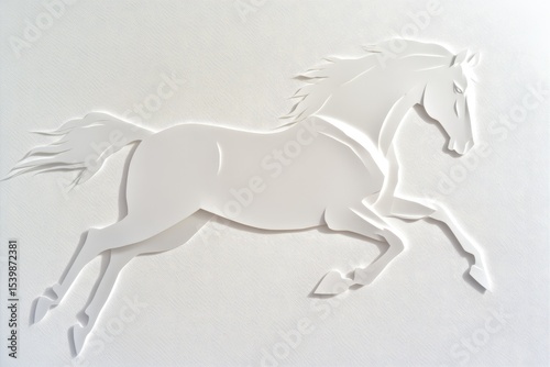 Elegant white paper cutout of galloping horse on textured background
