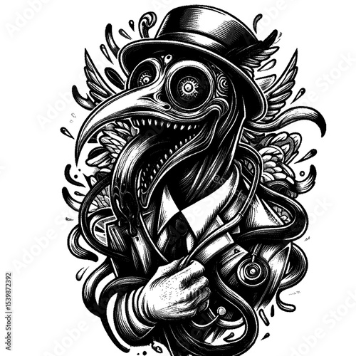 A grotesque plague doctor, isolated on transparent background, clutches a stethoscope