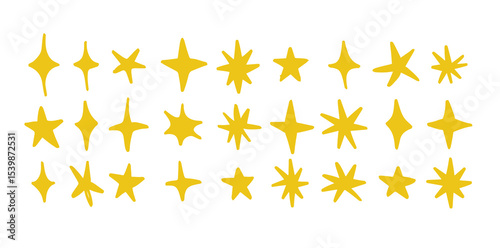 gold stars set. Shine and sparkle hand drawn, drawing collection. Children style yellow hand drawn elements star shapes.
