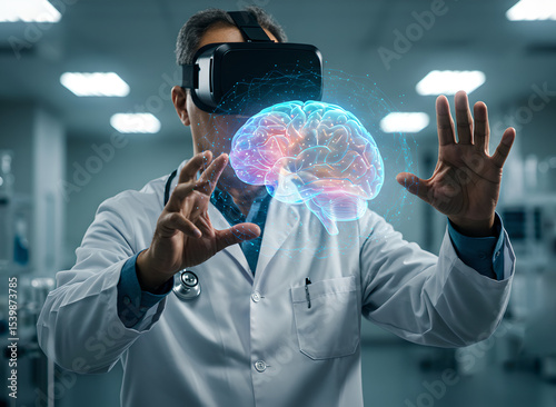 Doctor man neurologist using VR-assisted diagnostic tool to study brain activity. Visualizing electrical impulses and neural pathways in virtual space, holographic neuroimaging