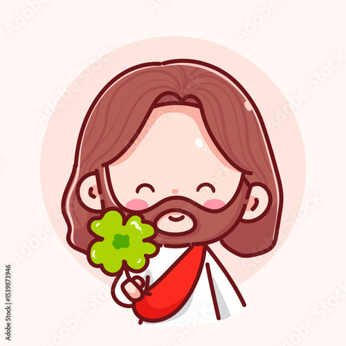 Cute Jesus Cartoon Holding Clover vector illustration