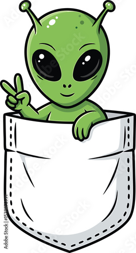 Green Alien in White Pocket Peace Sign Cartoon illustration