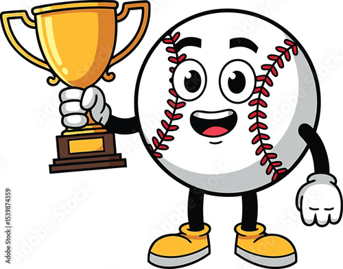 Happy Baseball Cartoon Character Holding Gold Trophy
