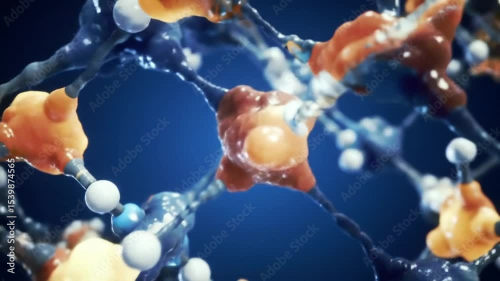 A close up view of interconnected molecular structure with spheres and irregular shaped orange elements