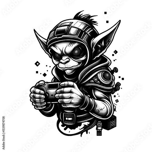 A fierce goblin gamer grips his controller, isolated on transparent background