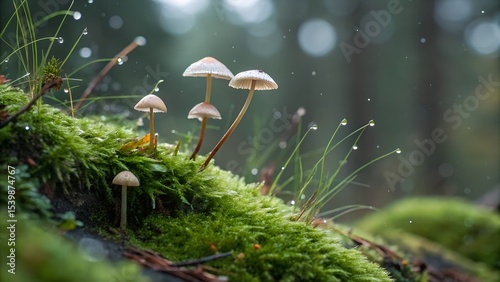 Tiny mushrooms growing from mossy grassy patch, forest floor level, fairytale microcosm photo