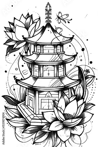 Serene pagoda nestled amongst blooming lotuses