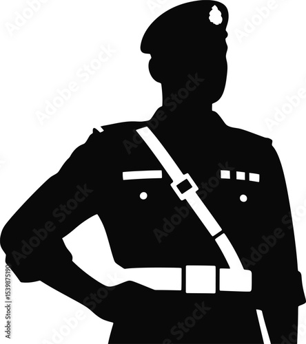 Silhouette of a uniformed figure standing with hand on hip wearing a hat and a white strap across chest