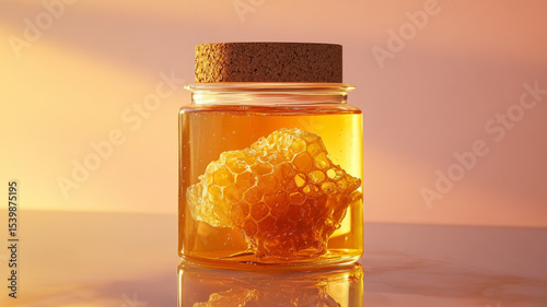 Jar of honey with honeycomb in warm sunset light.