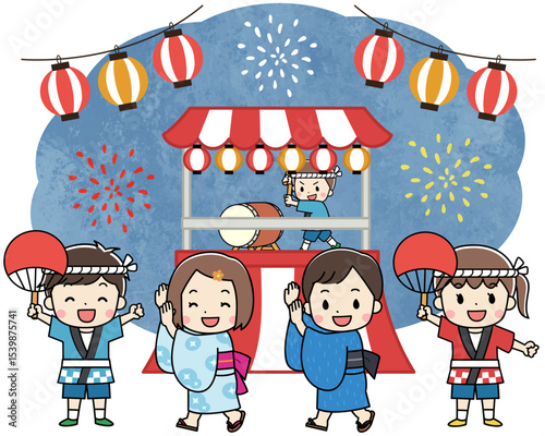 夏祭りを楽しむ浴衣と法被を着た子供たちのイラスト