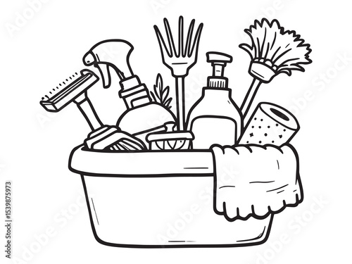 line art cleaning caddy with cleaning supplies vector
