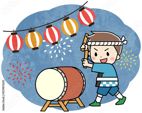 夏祭りで太鼓を叩く子供のイラスト