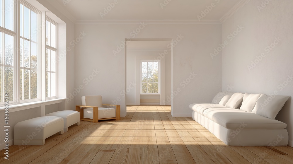 Fototapeta premium Minimalist living room with white walls and wooden floor, bathed in soft natural light. Serene simplicity in a spacious modern interior.