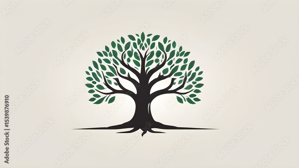 Obraz premium Minimalist Tree Logo with Green Leaves on White Background