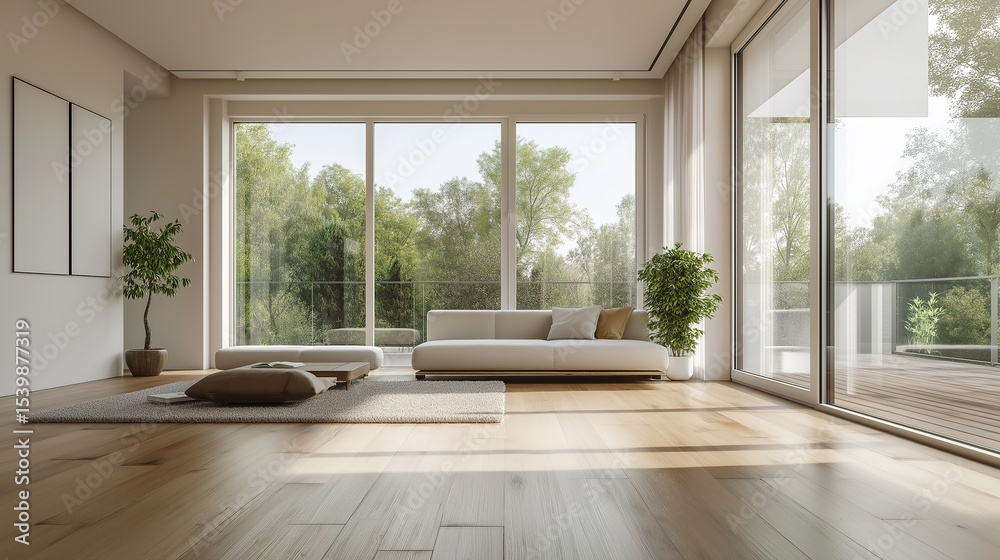 Fototapeta premium Minimalist living room with white walls and wooden floor, bathed in soft natural light. Serene simplicity in a spacious modern interior.