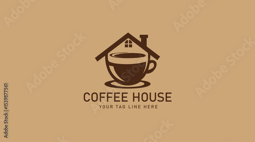 Cozy Coffee House Logo Design Warm Brown Branding for Cafe, Restaurant, or Home Brewed Beverage Business, Featuring a Coffee Cup Within a House Silhouette Icon.