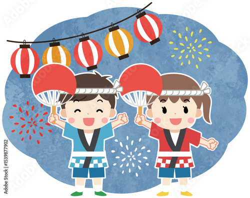 夏祭りを楽しむ法被をきた子供たちのイラスト