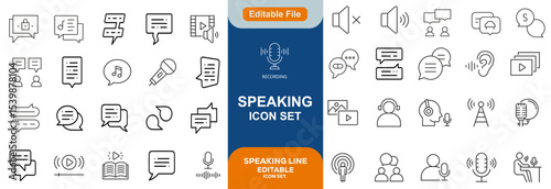 Speaking set of web icons in line style. Communication icons for web and mobile app. Containing people, communication, talking, discussion, speech bubble, team, support and more