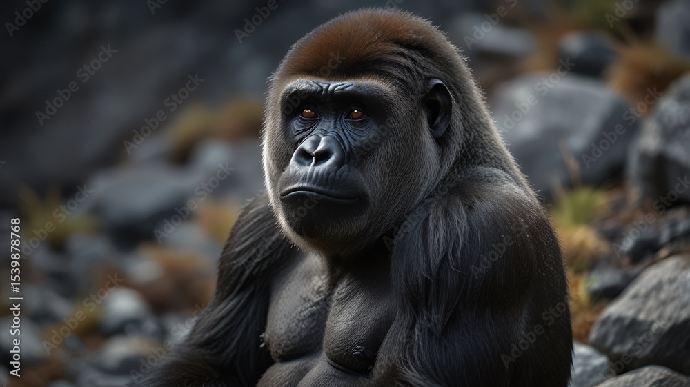Obraz premium Lost in thought, the gorilla sits calmly as rough stones surround the quiet forest floor.