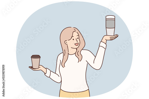 Woman making choice between reusable thermos for tea and disposable paper cup for takeaway coffee