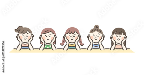 Five smiling girls leaning on their elbows