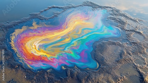 Iridescent slick on dark mud surface