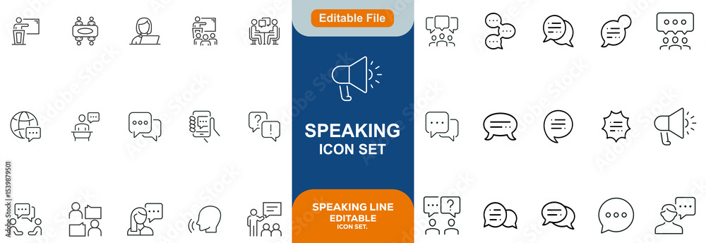 Fototapeta Speaking icon set. Containing dialogue, communication, talk, speech, discussion, chat, conference, meeting, voice, speech bubble, support and more. Editable line icons. Vector illustration.