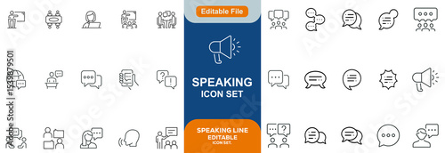 Speaking icon set. Containing dialogue, communication, talk, speech, discussion, chat, conference, meeting, voice, speech bubble, support and more. Editable line icons. Vector illustration.