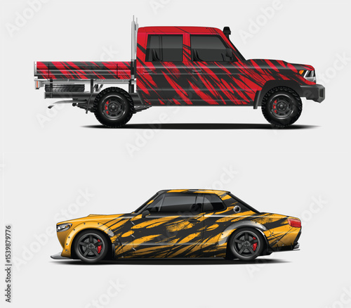 Red Pickup Truck and Yellow Sports Car with Abstract Design Wraps