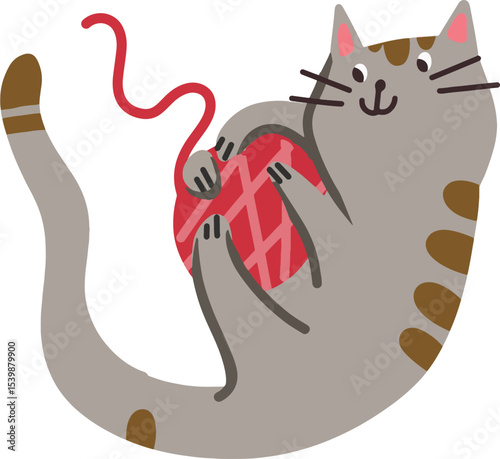 A cute cat playing with a red ball of yarn