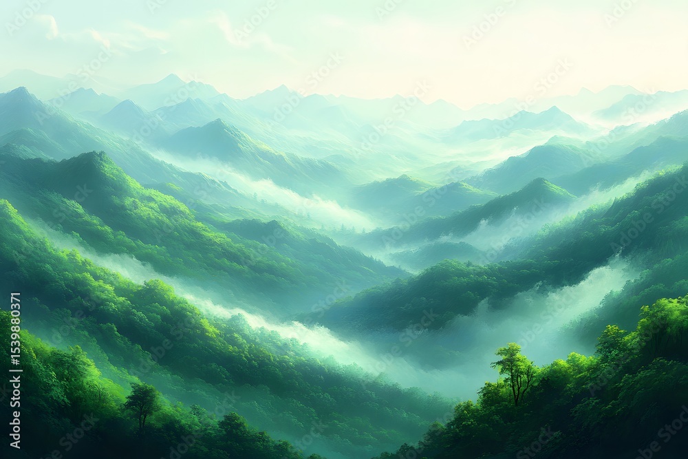 Obraz premium Misty Morning over Lush Green Mountains - Serene Nature Landscape for Tranquil Design