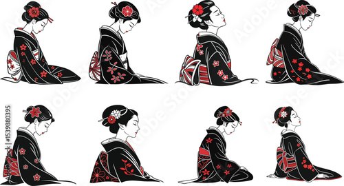 Traditional Japanese Geisha in Black Kimono with Red Floral Patterns  Stylized Woodblock Inspired Illustration on White Background