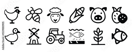 Farming line vector icon set. Farm and Agriculture Icons set. hicken, Tractor, Crops, Fish, Organic Farming Symbols, Farm, Windmill, Chicken, Bee, Pig, Cattle, Corn, duck