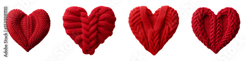 Collection of hearts made from knitted red yarn, isolated on a transparent background