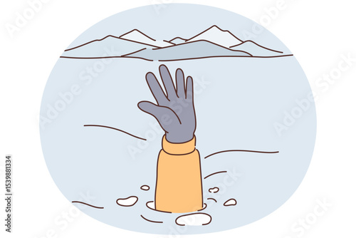 Person caught in avalanche stretches out hand and snowdrift to signal for help and attract rescuers