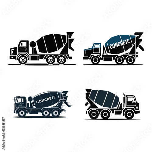 Concrete Mixer Truck Icon Set – Construction Vehicle Vector Illustrations