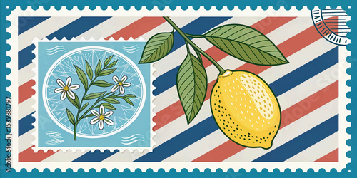 Summer. Lemons. Amalfi. Vector illustration of summer lemon, blue pattern, postage stamp and Italian Mediterranean striped invitation for poster, background, print or card