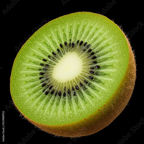 Sliced kiwi fruit with vibrant green flesh and black seeds  