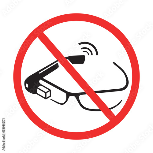 no smart glasses sign with tech symbol in red circle and diagonal line, white background